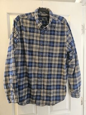 Eddie Bauer Blue and White Plaid Button-Down Shirt